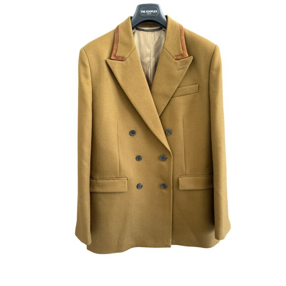 THE KOOPLES Designer Wool Leather Suit Jacket Khaki Brown Fr‎ Size 40 US 8 - Picture 2 of 15